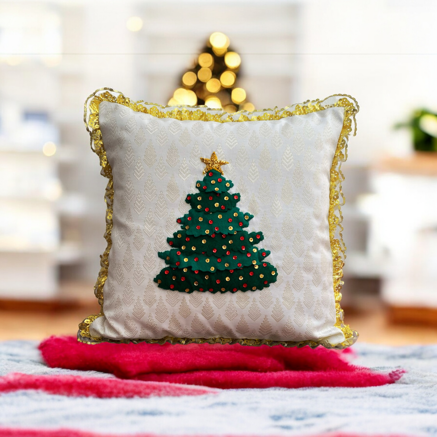 Golden Christmas Tree Pillow Cover