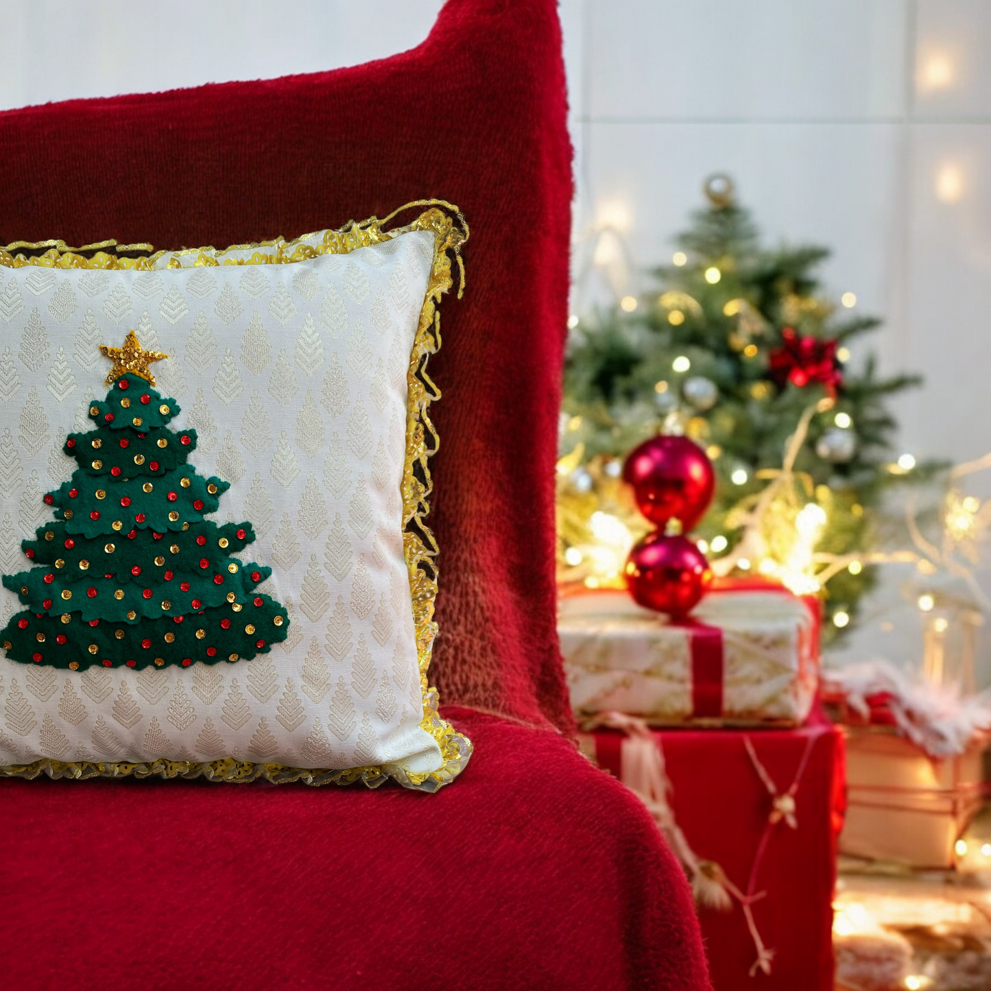 Golden Christmas Tree Pillow Cover