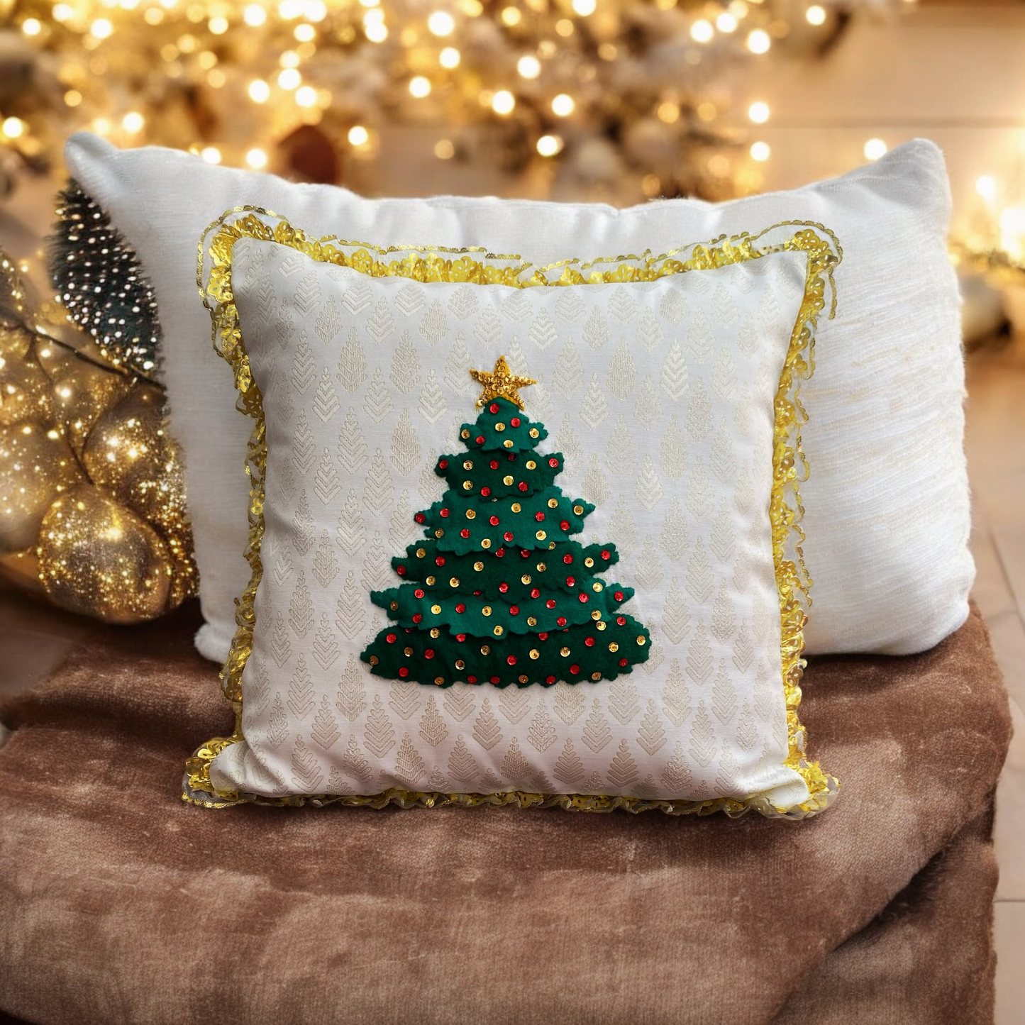 Golden Christmas Tree Pillow Cover