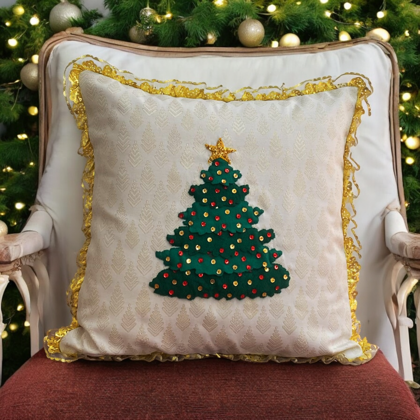 Golden Christmas Tree Pillow Cover