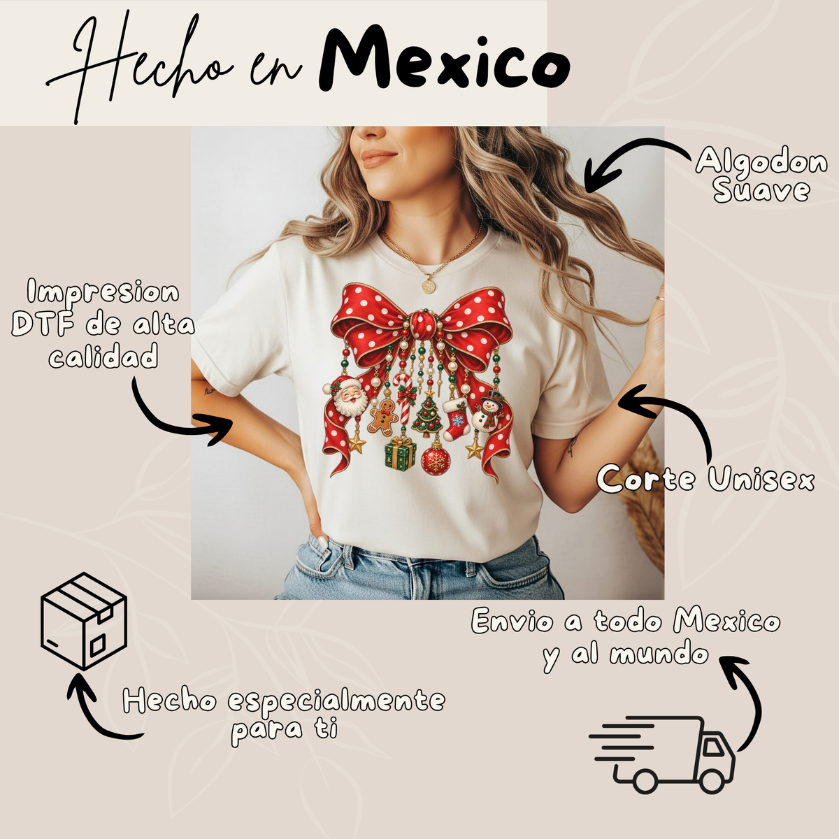 Playera Navideña Moño Rojo Coquette | Dijes de Navidad