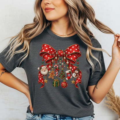 Playera Navideña Moño Rojo Coquette | Dijes de Navidad