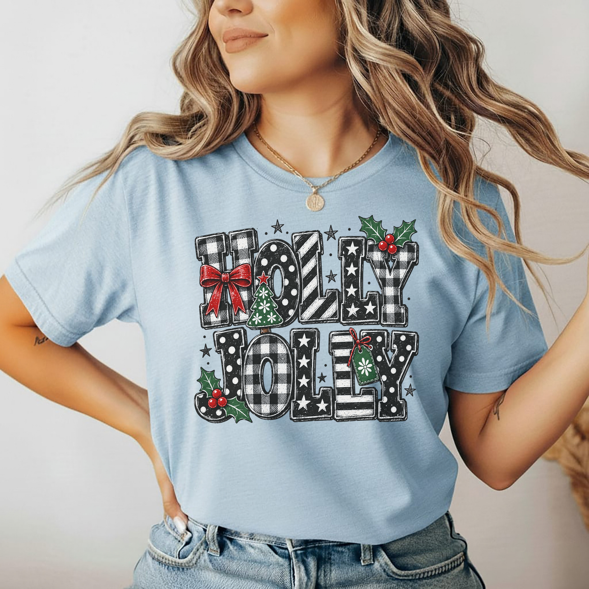 Playera Navideña Holly Jolly | Moños y Buffalo Plaid