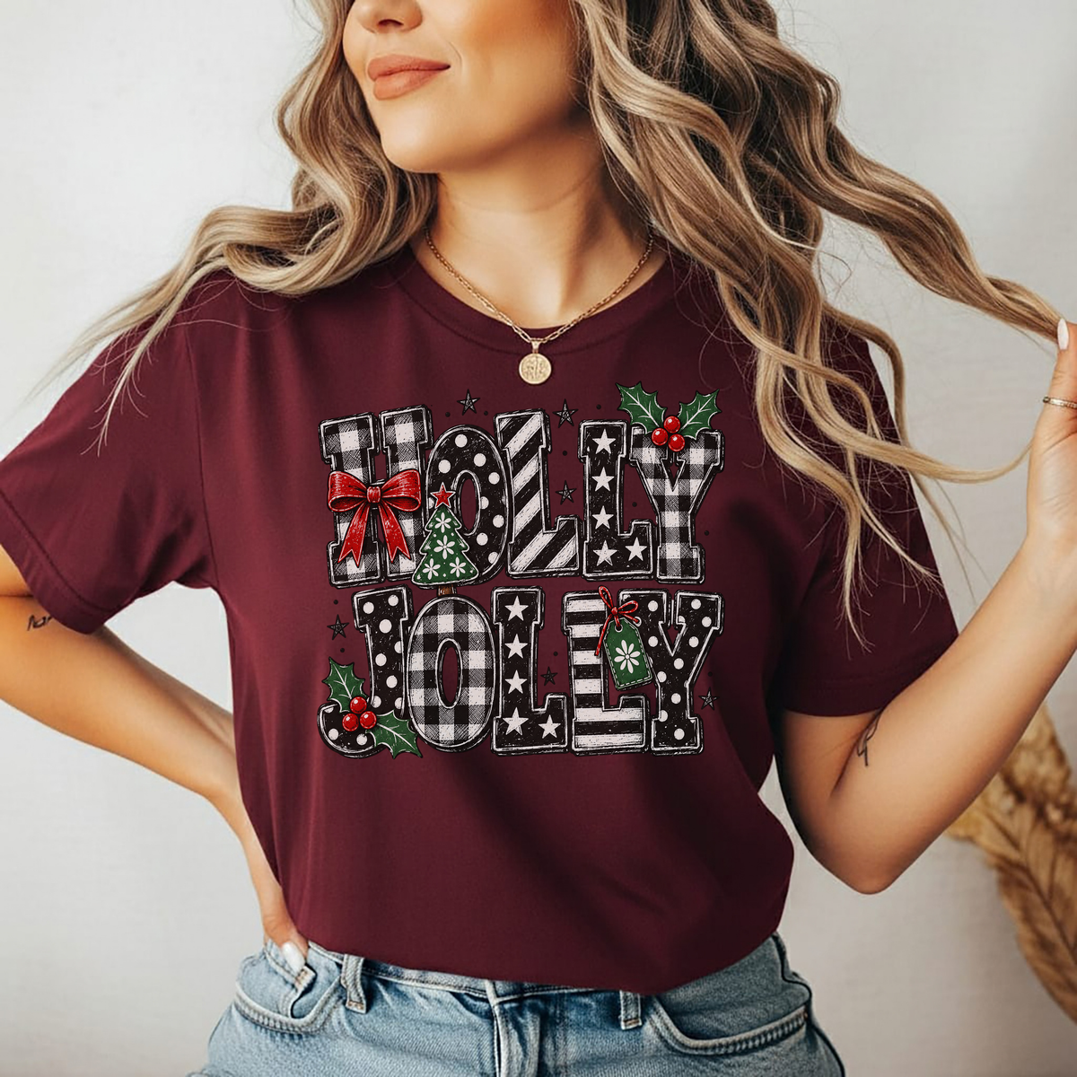 Playera Navideña Holly Jolly | Moños y Buffalo Plaid
