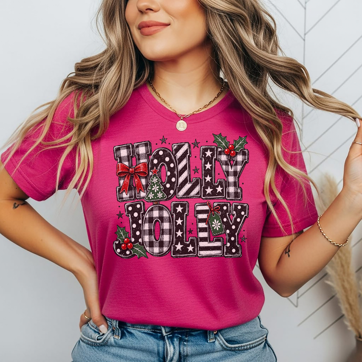 Playera Navideña Holly Jolly | Moños y Buffalo Plaid