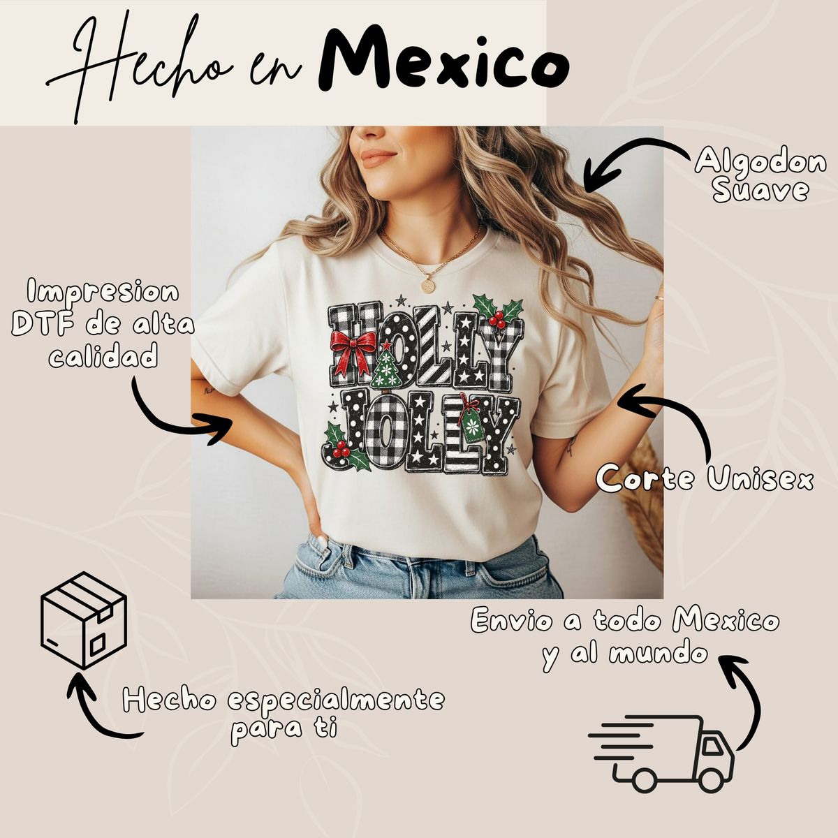 Playera Navideña Holly Jolly | Moños y Buffalo Plaid