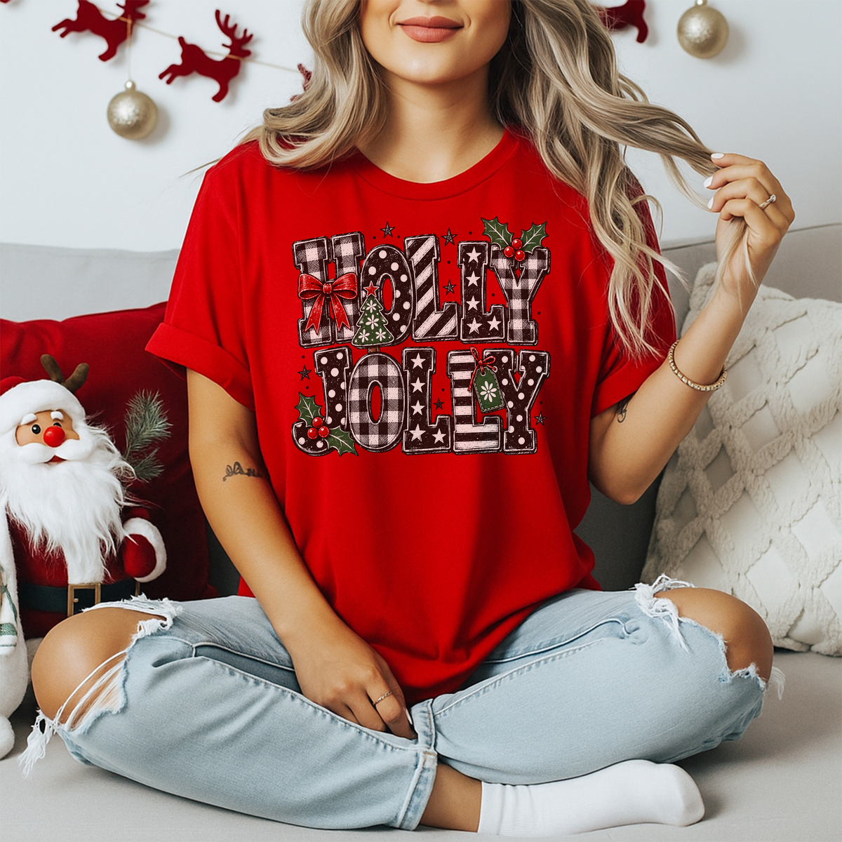 Playera Navideña Holly Jolly | Moños y Buffalo Plaid