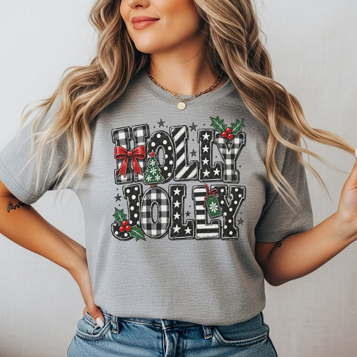 Playera Navideña Holly Jolly | Moños y Buffalo Plaid