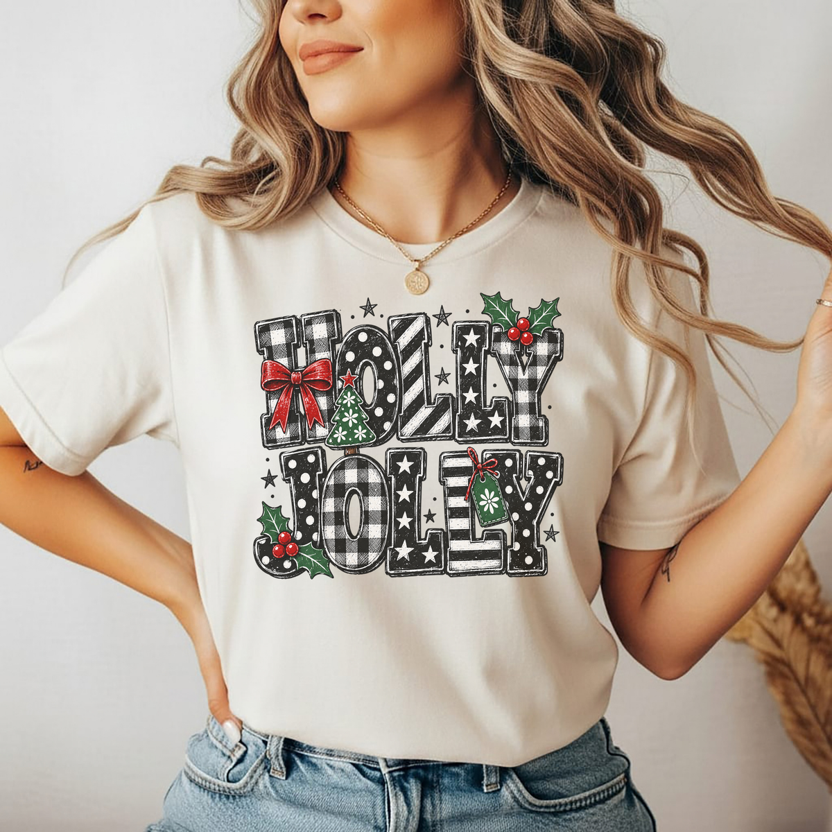Playera Navideña Holly Jolly | Moños y Buffalo Plaid
