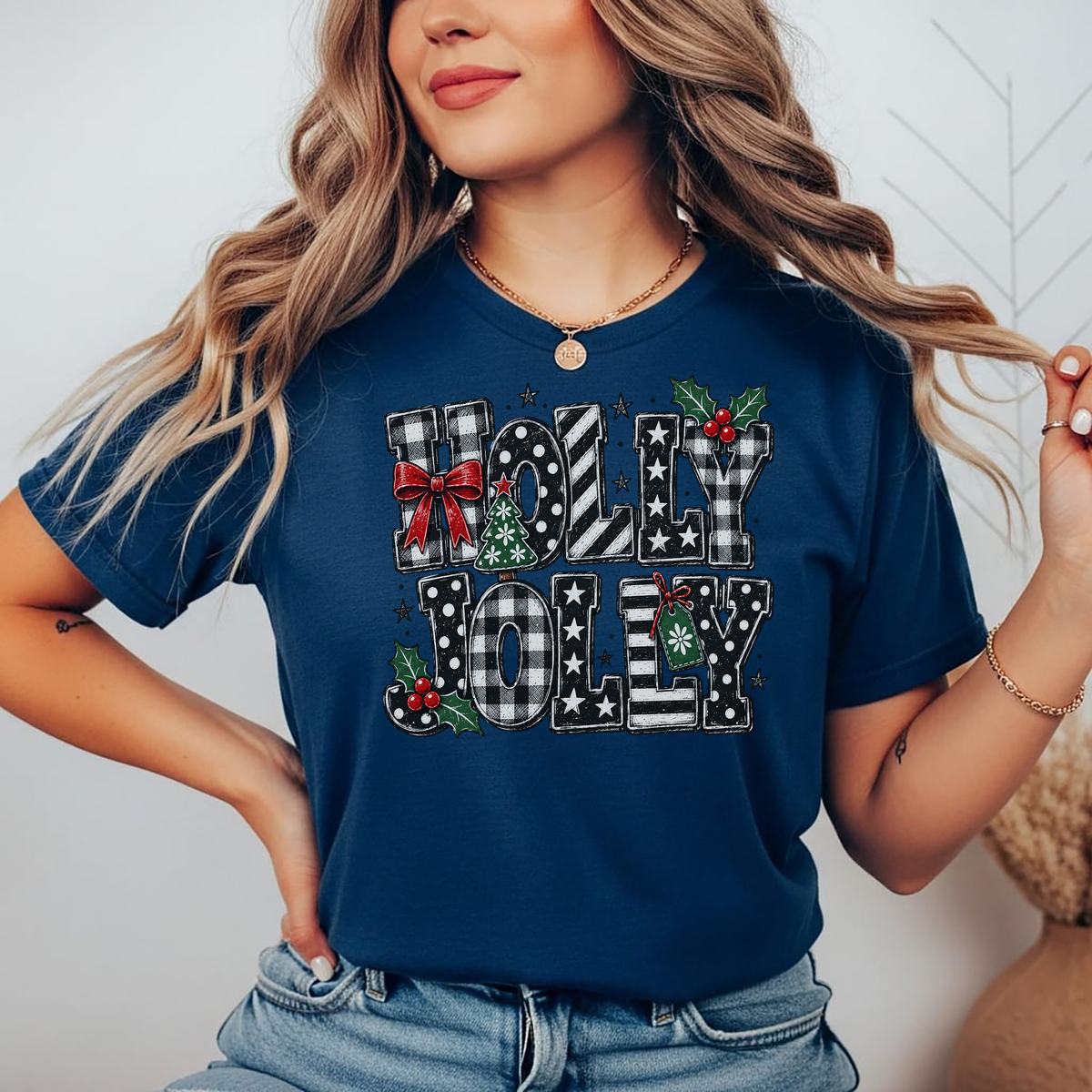 Playera Navideña Holly Jolly | Moños y Buffalo Plaid